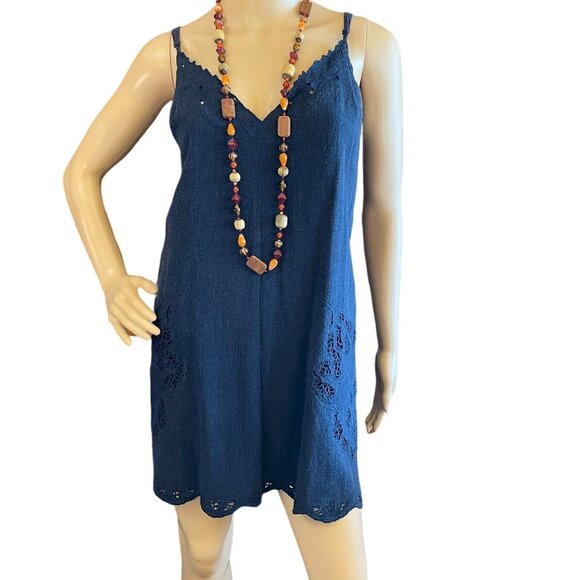 ASTR The Label Womens Sz M Linen Shift Dress Navy Blue V-Neck Sundress Lace Trim - Picture 1 of 9